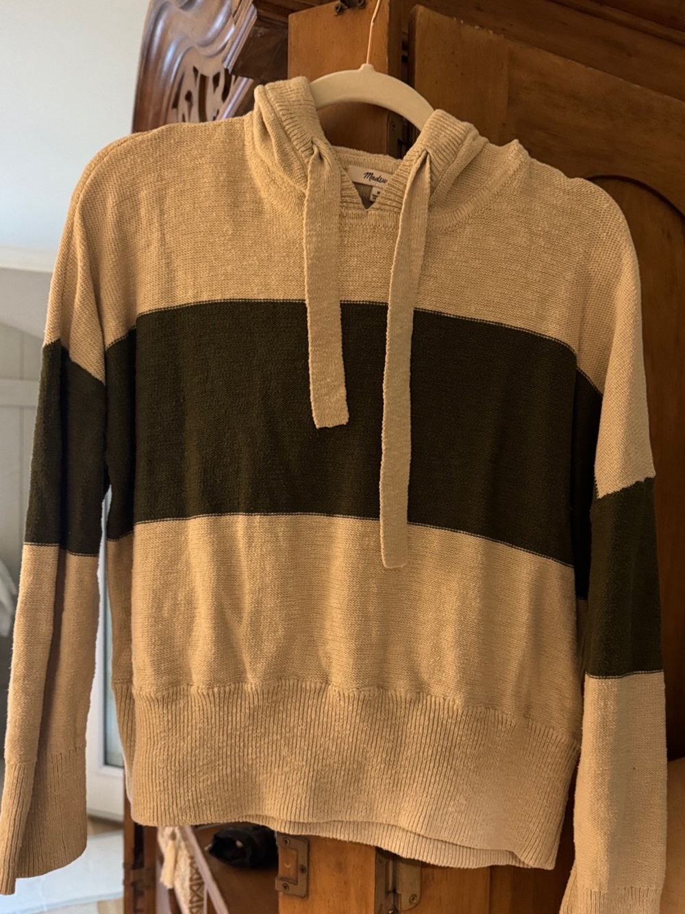 Madewell Neutral Knit Hooded oatmeal Sweater with Olive Stripe - medium